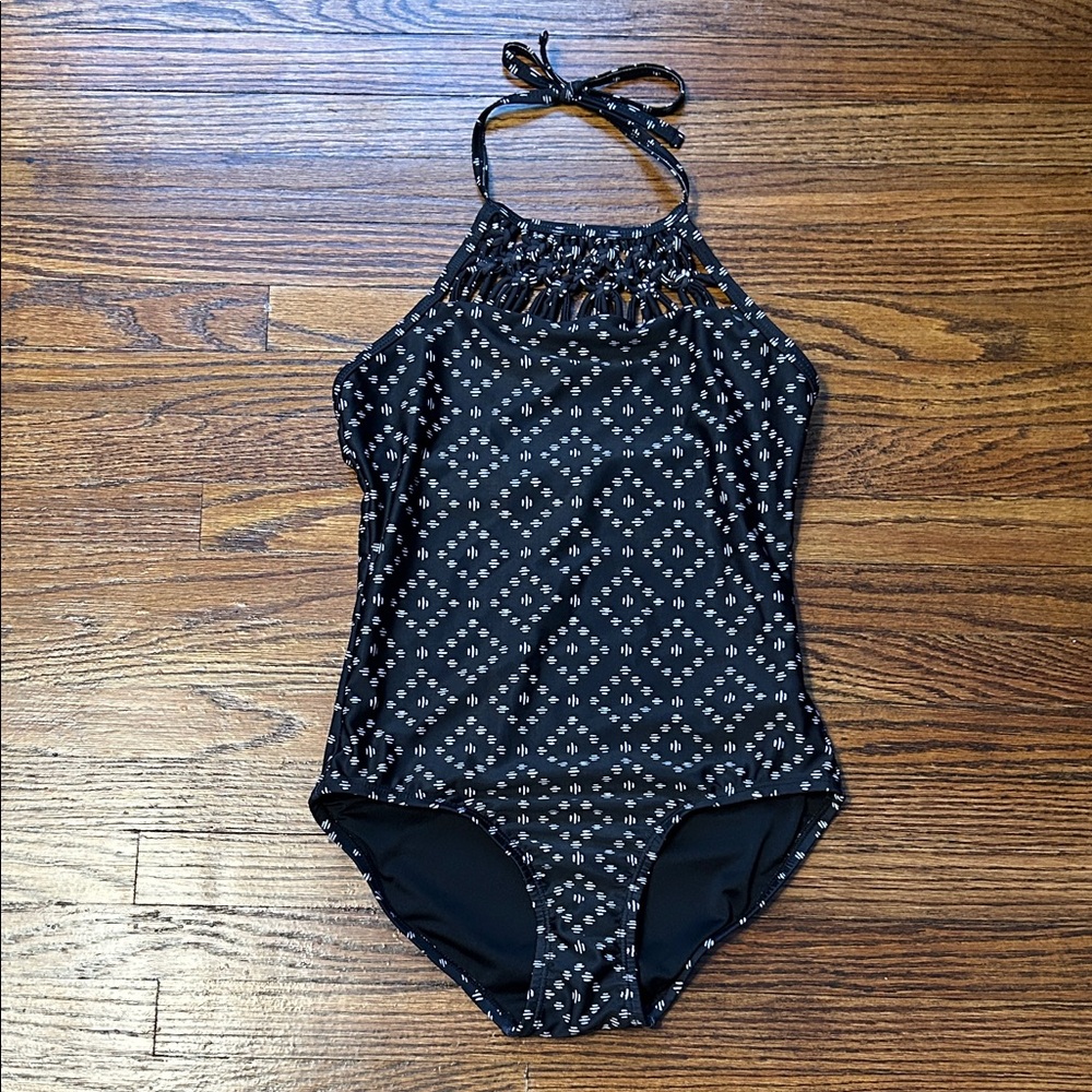 Kids Swim Halter Neck Swimsuit - Black Pattern